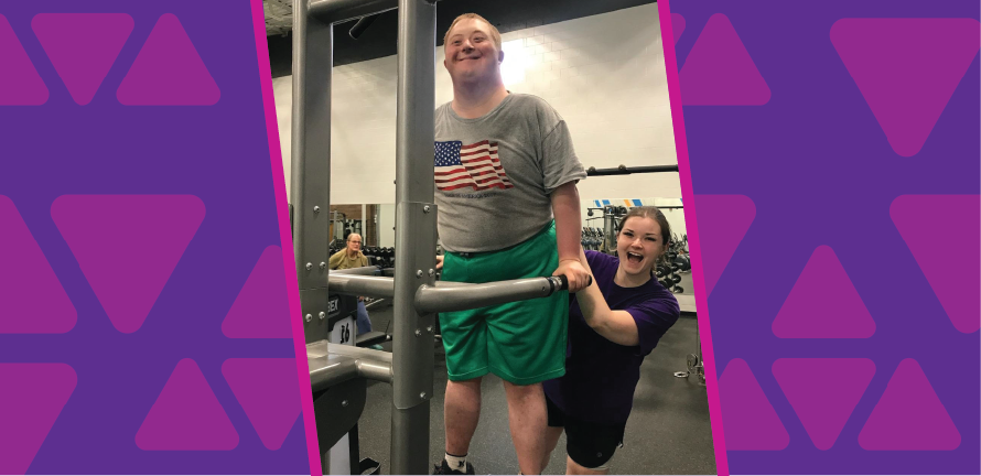 Inclusion and Adaptive Support Instructor, Dominique, smiles with a fitness participant on a weight machine at the YMCA.
