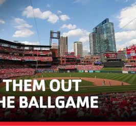 cardinals game at busch stadium with y logo and text that says, "take them out to the ballgame"