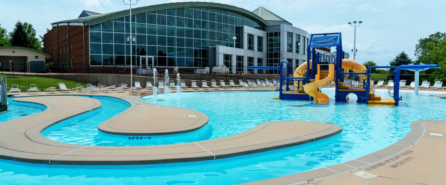 RiverChase YMCA Gym Fenton, MO Outdoor Aquatic Center Lazy River, Zero-Depth Entry Pool with Kiddie Playground Structure