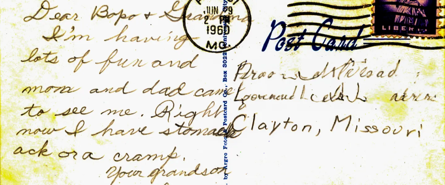 Scanned photo of an old 1960 postcard sent to his grandparents from a Camp Lakewood camper
