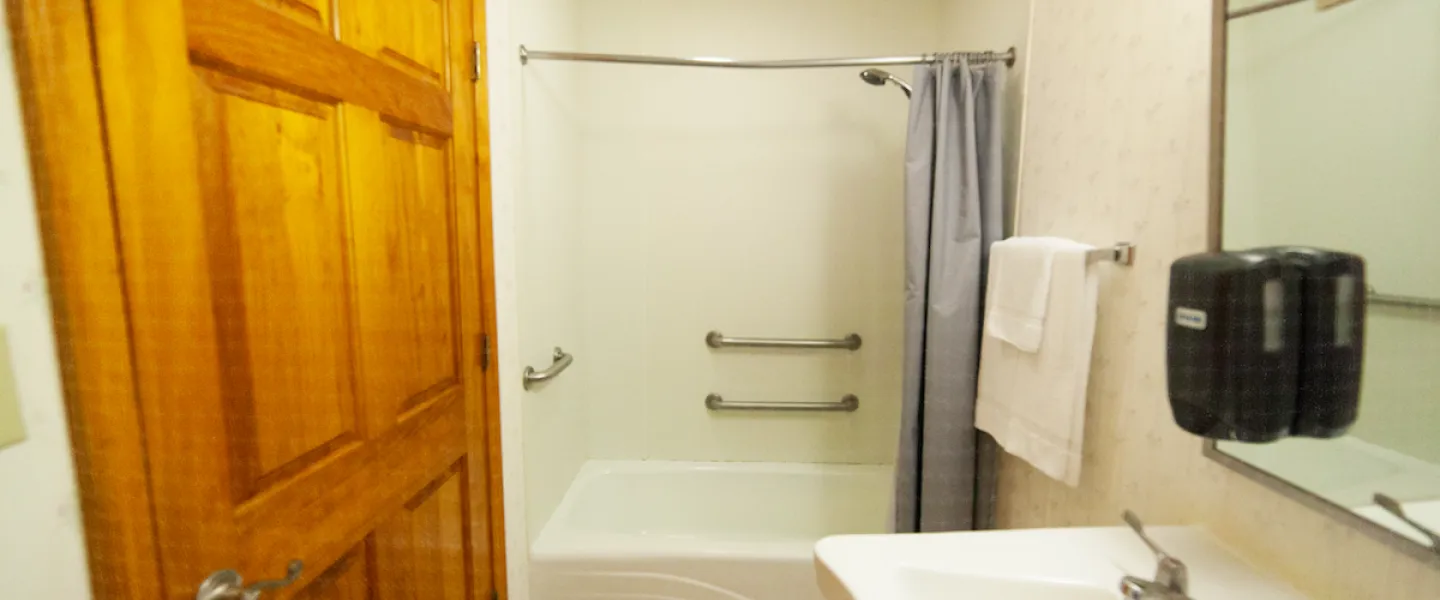 Clean and simple bathroom inside a Forest View Cabin, with a walk-in shower, toilet, and vanity sink.