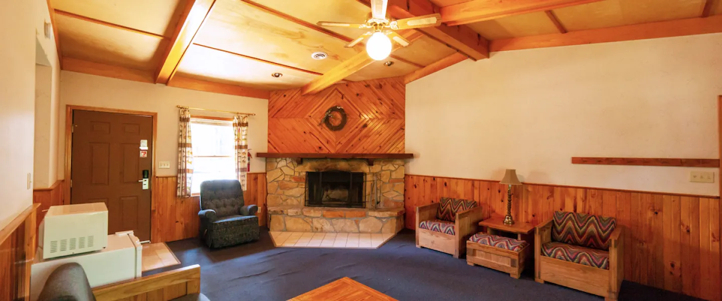 Cozy living area of a Forest View Cabin featuring a stone fireplace, comfortable seating, and wood-paneled walls.