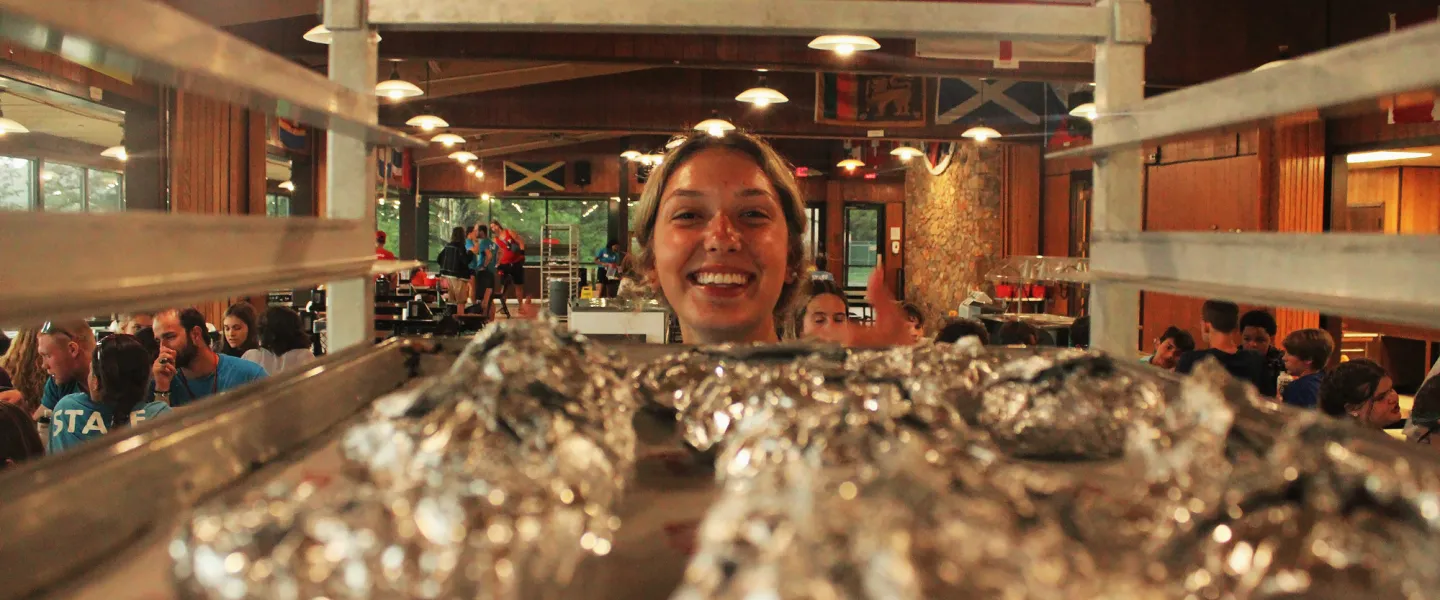 YMCA Camp Lakewood Dining Hall and Food Service staff serving meals to overnight campers