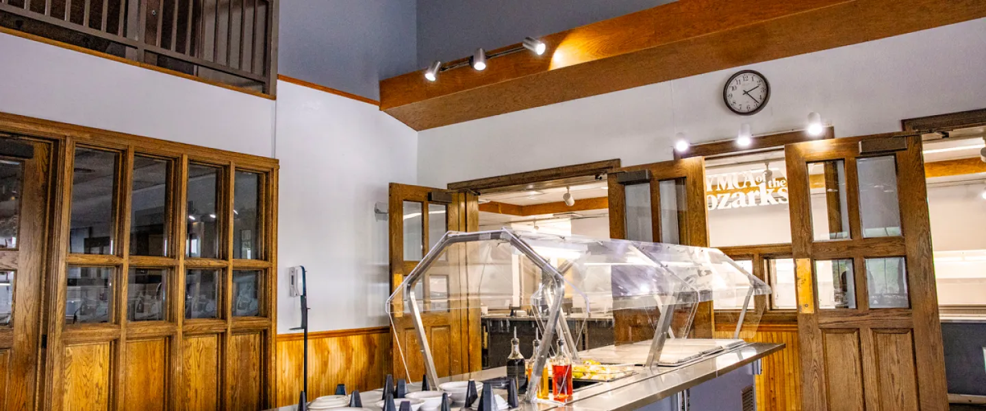 YMCA Trout Lodge Dining Hall buffet line and entrance to the kitchen