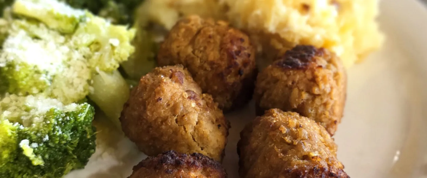 A closeup shot of meatballs, broccoli, and rice on a dinner plate in the YMCA Trout Lodge Dining Hall