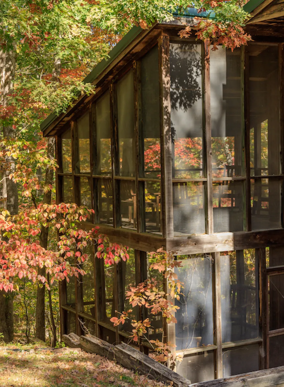 A view of the two-story screened porches in a Forest View Cabin at YMCA Trout Lodge surrounded by orange colored fall leaves on the forest trees