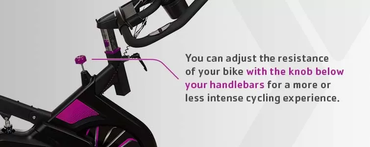 You can adjust the resistance of your spin bike with the knob below your handlebars for a more or less intense cycling experience.
