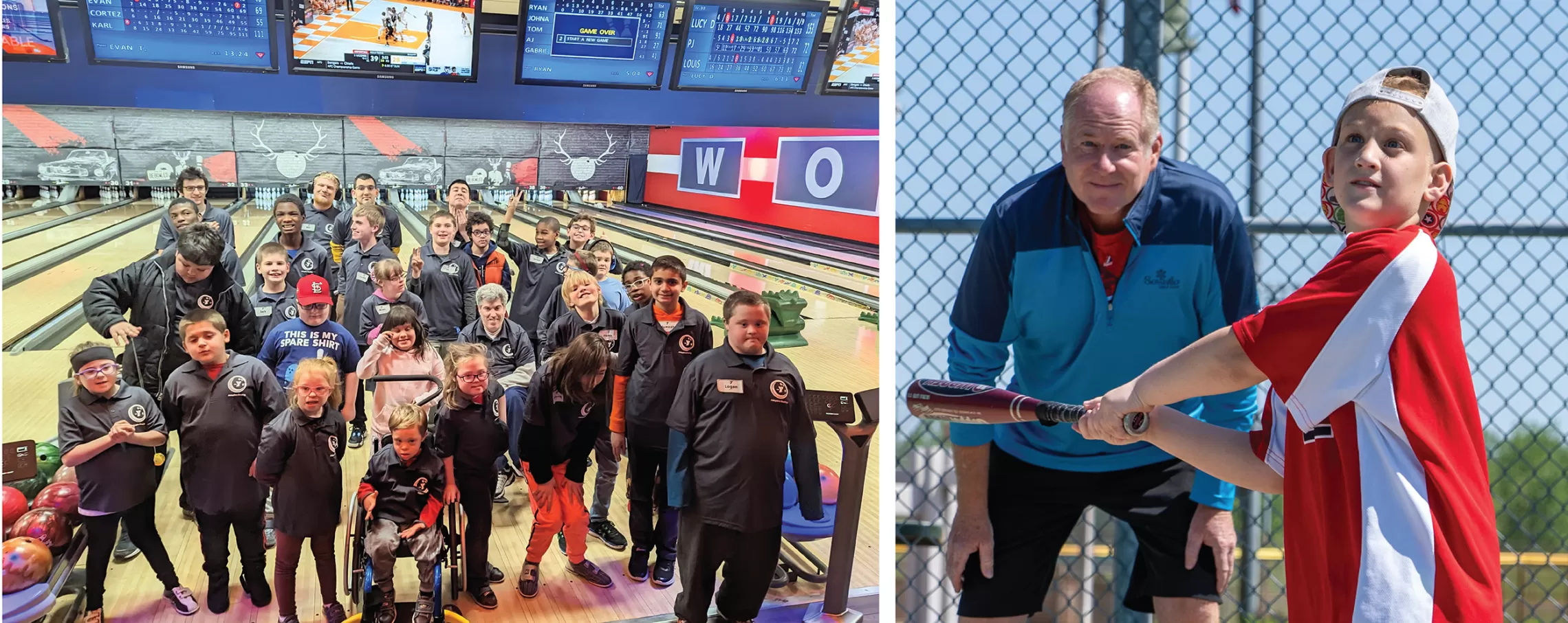 Bowling and baseball shown in a collage