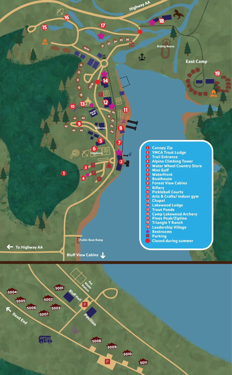 An illustrated map of the YMCA Trout Lodge campus, centered on Sunnen Lake. Key locations shown include the main Lodge on the north side, Camp Lakewood on the south, and other landmarks like the Chapel, stables, and the original Pioneer Village.
