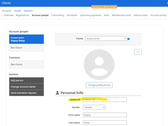 screenshot of how the member ID displays in Amilia SmartRec
