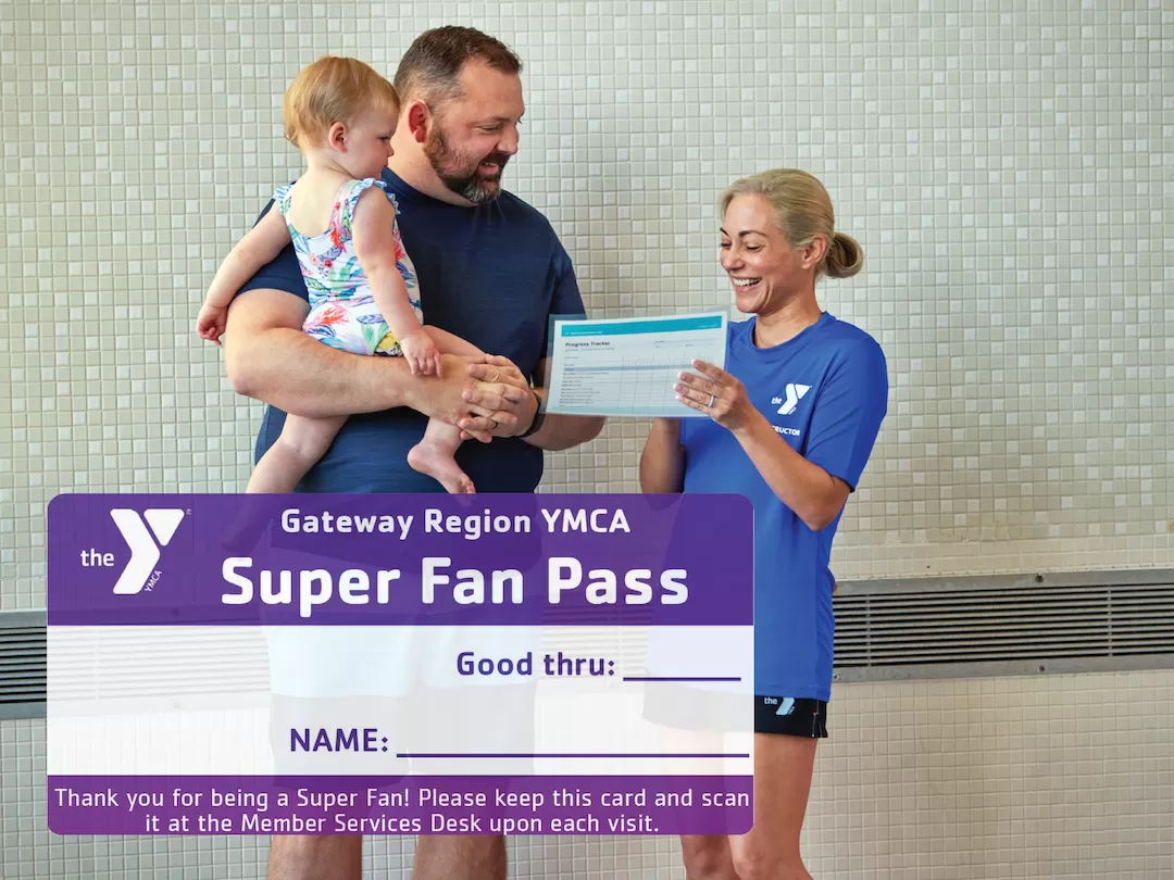 YMCA Swim Lessons Super Fan Pass and Father with Daughter and YMCA Swim Lesson Instructor at a Parent/Child Group Swim Lesson