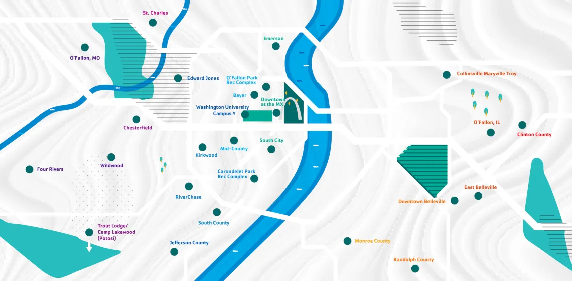 Gateway Region YMCA Locations Across St. Louis, Greater Missouri, and Southwest Illinois Map