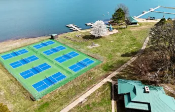 Pickleball courts next to Sunnen Lake at YMCA Trout Lodge in Potosi, MO
